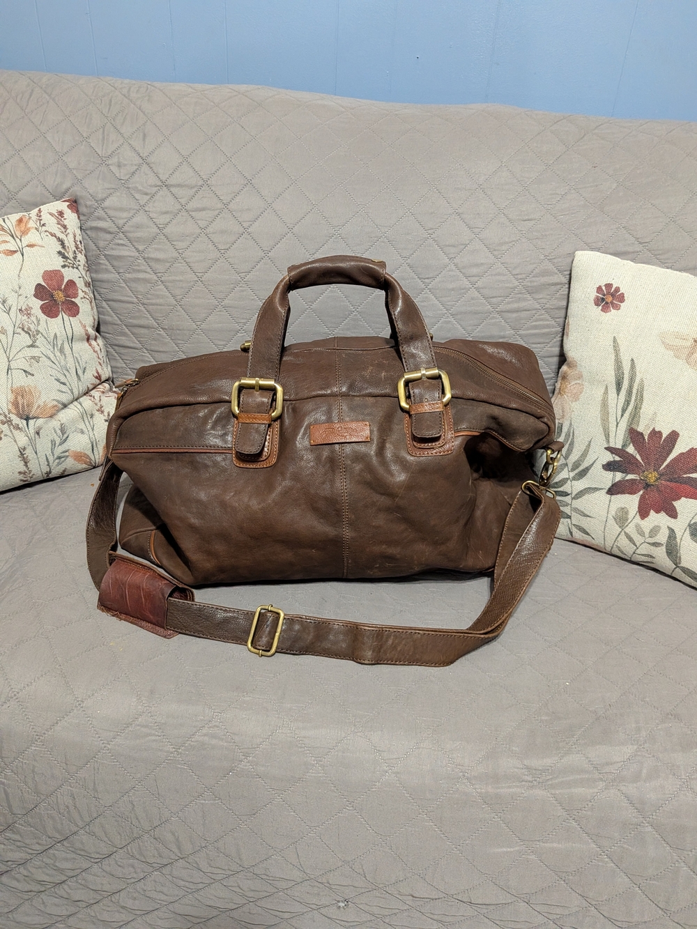 Paul Costello Men's Brown Leather Duffel Bag with Shoulder Strap